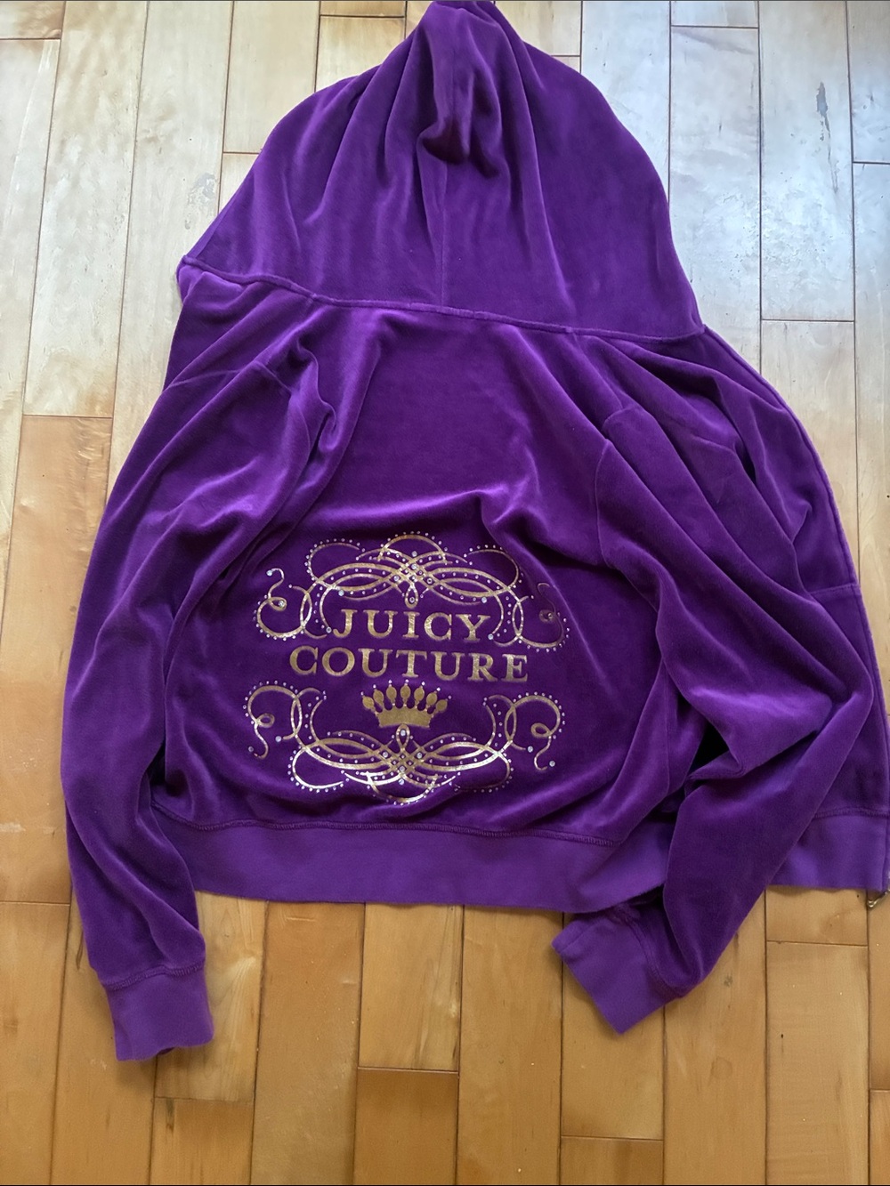 Vintage Juicy Couture Purple Velour Zip-Up Hoodie with Gold Crest and reinstones